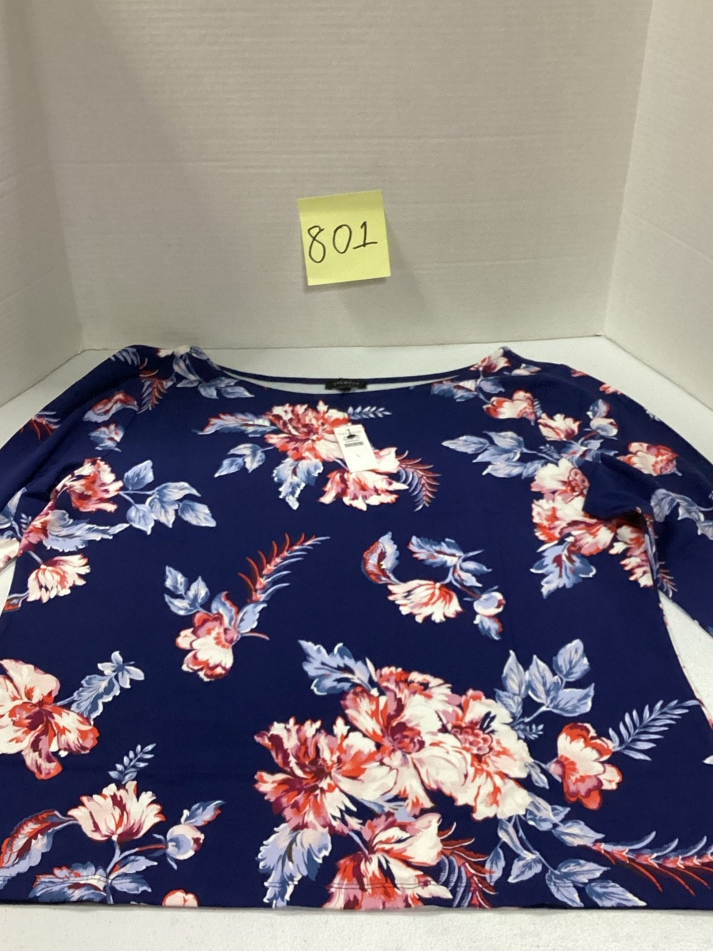 Talbots Navy Floral Scoop Neck Long Sleeve Top